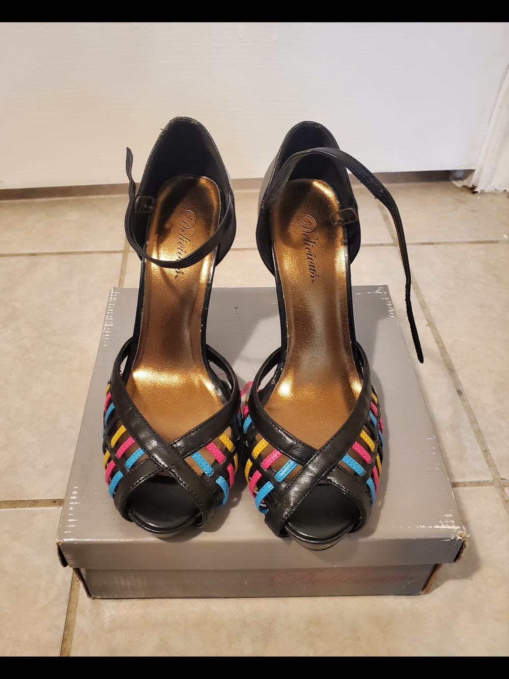 Delicious Black Peep-Toe Heels with Multicolor Woven Straps